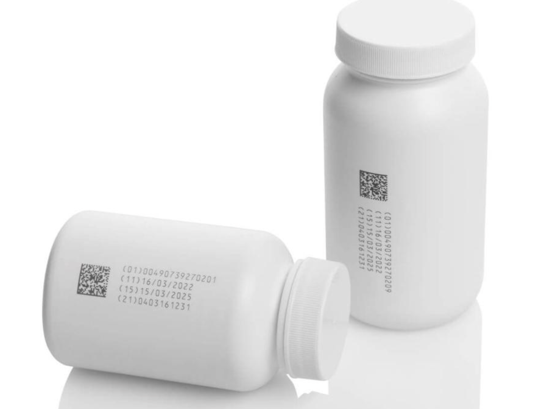 Domino U510 UV marking laser on white HDPE pharma bottles