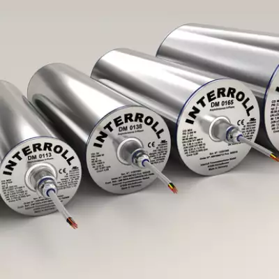 Interroll's Drum Motor series, highlighting their compact, robust design ideal for efficient and hygienic conveyor applications.