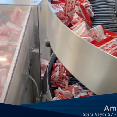AmbaFlex SpiralVeyor SV transporting candies in plastic packs